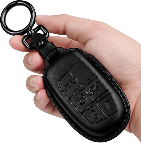 Tukellen for Jeep/Dodge Key Fob Cover Leather,Leather Key Case Protector Compatible Jeep Grand Cherokee Renegade Chrysler 200 300 Dodge RAM Durango Challenger Journey Dart Fiat-Black(Red line) in Saudi Arabia