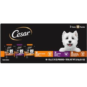 Cesar Filets in Gravy Wet Dog Food Filet Mignon Flavor, Rotisserie Chicken Flavor, and Wood-Grilled Chicken Flavor Variety Pack, 1.76 oz. Mini-Pouches, 40 Pack