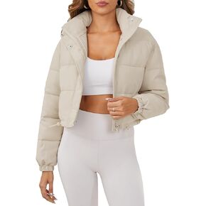 Women's Cropped Puffer Jacket Long Sleeve Puffy Coat Stand Collar Zip UP Quilted Padded Drawstring Outwear with Pockets