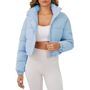 Women's Cropped Puffer Jacket Long Sleeve Puffy Coat Stand Collar Zip UP Quilted Padded Drawstring Outwear with Pockets in Kuwait