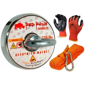 550lbs Pull Force Military Grade Neodymium N52 Magnet Fishing Rope XL Carabiner Gloves - Powerful Kit Strong Retrieving Rare Earth Permanent Big Salvage Magnets Set Strong Magnahook Red Rhino Product