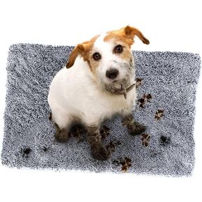 Soggy Doggy Doormat with Bone Design, Microfiber Chenille Indoor Wet Dog Mat for Muddy Paws and Drying, Ultra-Absorbent Dog Mats for Sleeping and Lounging, Navy Blue/Oatmeal Bone