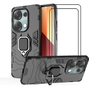 Case for Xiaomi Redmi Note 13 Pro 4G / Poco M6 Pro 4G Case Kickstand with Tempered Glass Screen Protector [2 pcs], Hybrid Heavy Duty Armor Dual Layer Anti-Scratch Phone Case Cover, Black