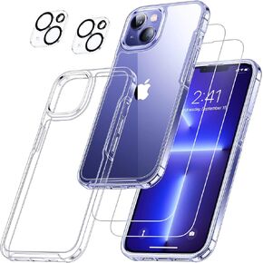حافظة Humixx Crystal Clear لهاتف iPhone 14، مع واقي شاشة + واقي عدسة (عبوتان)، [حماية وسادة هوائية للسيارة] [20X غير صفراء] حافظة هاتف شفافة رفيعة لهاتف iPhone 13 /iPhone 14-6.1 بوصة