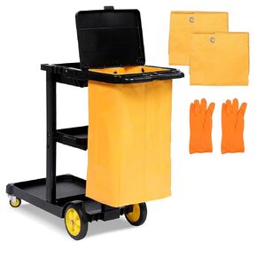 Cleaning Cart - 3 Tier Commercial Janitorial Cart with Two 25-Gallon PVC Bags, 500Lbs Capacity Plastic Housekeeping Cart with Cover Lid, 43.3" L x 19.7" W x 38.6" H, Black
