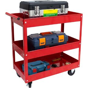 3 Tier Utility Service Cart 400 lbs, Steel Rolling Tool Cart on Wheels,Load Capacity for Mechanic Garage Warehouse Workshop & Repair Shop,Red