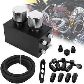 4X AN10 Oil Catch Can Reservior Tank Baffle Dual Filter Engine Breather oil pot kit Battery-size Compatible with Honda Acura Integra EK (Black)
