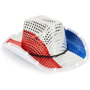 Sparkly US-Flag Western Cowboy Hat - 4th of July Red White Blue Sequin Cowgirl Hat for Independence Day Party