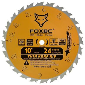 FOXBC 10-Inch Thin Kerf Ripping Table Saw Blade for Wood Cutting, 24-Tooth ATB, 5/8-Inch Arbor