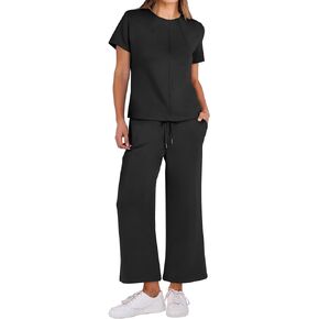 ANRABESS Women's 2 Piece Outfits Lounge Sets 2025 Summer Sweatsuits Short Sleeve Wide Leg Pants Sweat Set Tracksuits Clothes