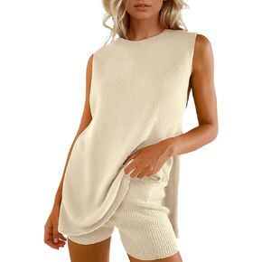 Women's Summer Sweater Set Sleeveless Tunic Top and Shorts 2 Piece Outfits Beach Vacation Sets Tracksuits