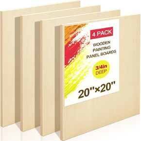4 Pack 20" x 20" Birch Wood Panel Boards Kit Unfinished Wood Canvas Wooden Panel Boards for Painting 3/4" Deep Depth Wooden Canvases for Pouring Art Media Craft Burning Acrylic Oil