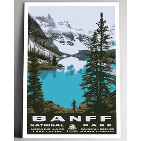 Banff National Park Travel Poster/Postcard - 8x10-12x18-18x24-24x36 / 4x6 WPA Style Art Print Moraine Lake Parks Canada Parcs Canada Alberta (12x18 Inch Poster)