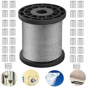 328Ft Wire Rope 1mm, Stainless Steel Braided Wire Rope Cable Aircraft Cable, 1mm-304 Stainless Steel Cable 328 ft 7x7 Strand Core with 30Pcs Crimping Sleeves for Outdoor Clothesline, Garden, Crafts