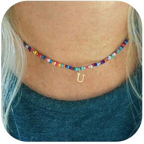 Colorful Beaded Initial Necklaces for Women Girls, 18K Gold Plated Letter Necklace Choker Bohemian Necklace Boho 3MM Beads Choker Dainty Necklace Personalized Gifts for Women Girls
