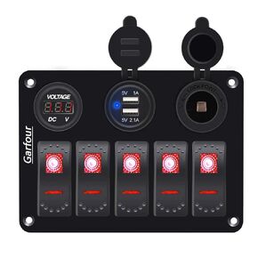 Waterproof Red Boat Rocker Switch Panel 3.1A Volt Dual USB Socket LED Light Voltmeter Cigarette Lighter Socket 5 Bang Rocker Switch Panel for Car RV SUV Boat