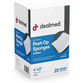 Dealmed Sterile Post-Op Gauze Sponges – 25 Count, 4-Ply, 4’’ x 3’’ Gauze Pads, Packages of Two, Individually Wrapped Non-Woven Gauze Sponges, Wound Care Product for First Aid Kit/Medical Facilities