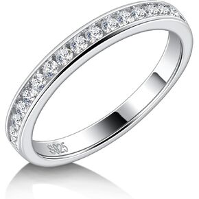 Moissanite Eternity Rings 18K White Gold Plated 925 Sterling Silver Moissanite Wedding Band D Color VVS1 Lab Created Diamond Round Cut Channel Set Half Eternity Wedding Band Stackable Ring for Women