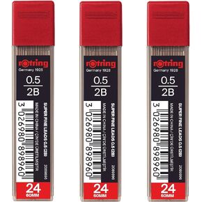 rOtring 0.5mm 2B Super Polymer Strong Dark Pencil Lead Refills for Mechanical Pencils - Pack of 3 Tubes - 72 Leads