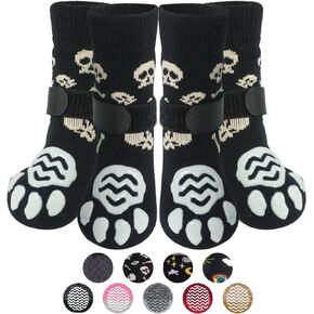 PUPTECK Anti Slip Dog Socks 2 Pairs with Double Grippers for Hardwood Floors, Shoes for Hot/Cold Pavement, Boots & Paws Protectors to Prevent Licking, Traction Booties for Senior Smll Large Dogs