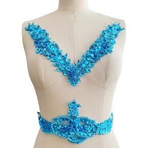 Pure Handsewing Rhinestones Beads Applique for Dress Clothing Samll V Neckline and Waist Trim sew on Shining Crystal Sequins lace Patches one Set/Bag (Pink)