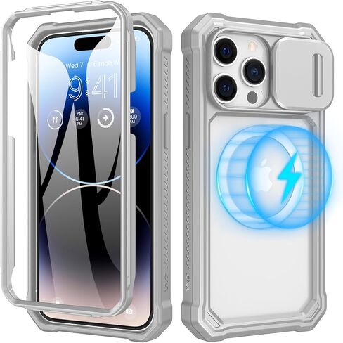 حافظة Ruky لهاتف iPhone 15 ProMax مع غطاء كاميرا منزلق، [متوافق مع MagSafe] و[غطاء كامل للجسم] و[واقي شاشة مدمج] حافظة واقية مضادة للصدمات لهاتف iPhone 15 Pro Max 6.7 بوصة، رمادي in Kuwait