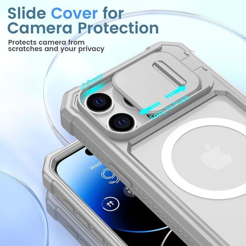 حافظة Ruky لهاتف iPhone 15 ProMax مع غطاء كاميرا منزلق، [متوافق مع MagSafe] و[غطاء كامل للجسم] و[واقي شاشة مدمج] حافظة واقية مضادة للصدمات لهاتف iPhone 15 Pro Max 6.7 بوصة، رمادي in Kuwait