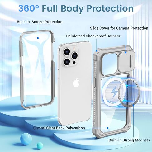 حافظة Ruky لهاتف iPhone 15 ProMax مع غطاء كاميرا منزلق، [متوافق مع MagSafe] و[غطاء كامل للجسم] و[واقي شاشة مدمج] حافظة واقية مضادة للصدمات لهاتف iPhone 15 Pro Max 6.7 بوصة، رمادي in Kuwait