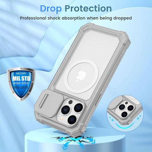 حافظة Ruky لهاتف iPhone 15 ProMax مع غطاء كاميرا منزلق، [متوافق مع MagSafe] و[غطاء كامل للجسم] و[واقي شاشة مدمج] حافظة واقية مضادة للصدمات لهاتف iPhone 15 Pro Max 6.7 بوصة، رمادي in Kuwait