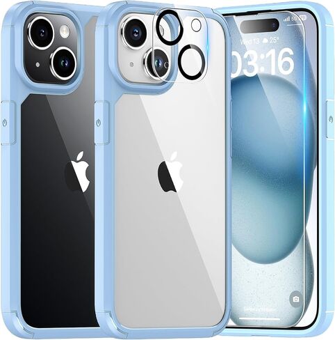 TAURI 5 in 1 for iPhone 15 Case, [Not-Yellowing] with 2X Screen Protectors + 2X Camera Lens Protectors, [Military Grade Drop Protection] Shockproof Slim Phone Case for iPhone 15, Light Blue in Saudi Arabia