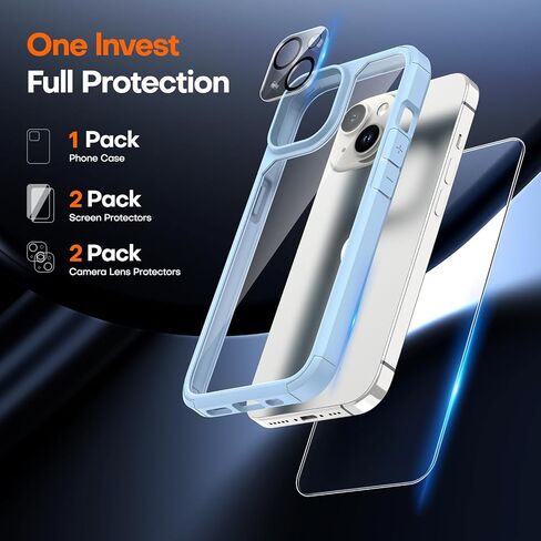 TAURI 5 in 1 for iPhone 15 Case, [Not-Yellowing] with 2X Screen Protectors + 2X Camera Lens Protectors, [Military Grade Drop Protection] Shockproof Slim Phone Case for iPhone 15, Light Blue in Saudi Arabia