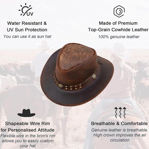 Leather Cowboy Hat for Men Women Western Australian Outback Hat with Shapeable Wide Brim, Aussie Style Leather Hat in Saudi Arabia