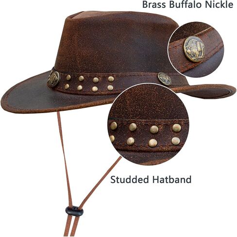 Leather Cowboy Hat for Men Women Western Australian Outback Hat with Shapeable Wide Brim, Aussie Style Leather Hat in Saudi Arabia