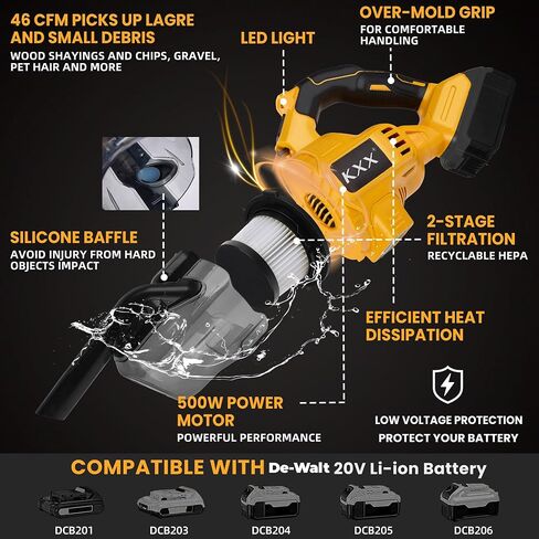 Cordless Vacuum for De-Walt 20V Battery, 5 in 1 Handheld Electric Vacuum Cleaner with 500W Powerful Motor, 46 CFM Portable Hand Vacuum with Filtration HEPA for Floor, Carpet, Car (Not include Battery) in Saudi Arabia
