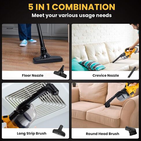 Cordless Vacuum for De-Walt 20V Battery, 5 in 1 Handheld Electric Vacuum Cleaner with 500W Powerful Motor, 46 CFM Portable Hand Vacuum with Filtration HEPA for Floor, Carpet, Car (Not include Battery) in Saudi Arabia