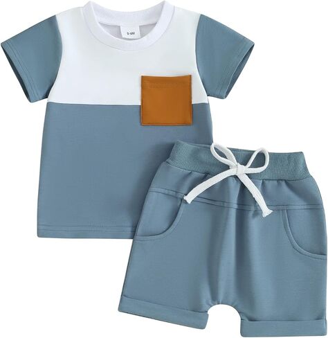 Infant Baby Boy Summer Clothes Contrast Color Short Sleeve T Shirts Stretch Rolled Shorts Cute Newborn Toddler Outfits in Saudi Arabia