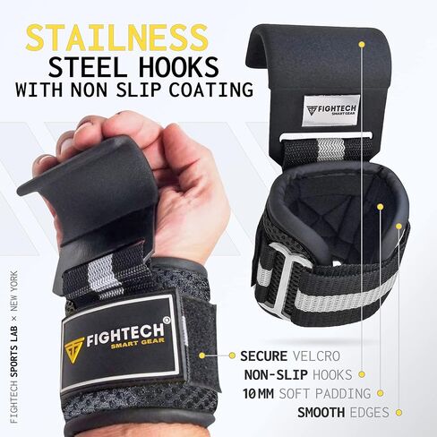 خطافات رفع الأثقال ومقابض سحب من FIGHTECH - خطافات رفع متعددة الاستخدامات مع أشرطة خطافية متينة لدعم خطافات الطاقة، ومقابض رفع معززة لأقصى تدريب على القوة in Kuwait