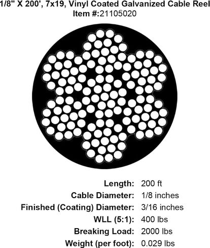 1/8" X 200', 7x19, Vinyl Coated Galvanized Cable Reel, Coated to 3/16" Diameter for Outdoor Use, DIY Projects, Commercial Applications in Saudi Arabia
