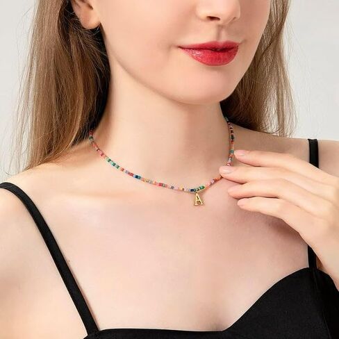 Colorful Beaded Initial Necklaces for Women Girls, 18K Gold Plated Letter Necklace Choker Bohemian Necklace Boho 3MM Beads Choker Dainty Necklace Personalized Gifts for Women Girls in Kuwait