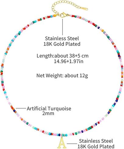 Colorful Beaded Initial Necklaces for Women Girls, 18K Gold Plated Letter Necklace Choker Bohemian Necklace Boho 3MM Beads Choker Dainty Necklace Personalized Gifts for Women Girls in Kuwait