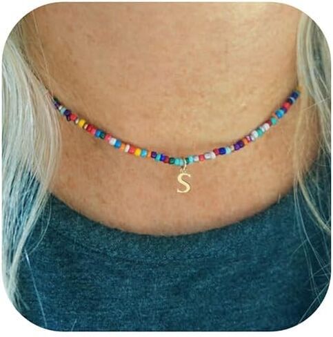 Colorful Beaded Initial Necklaces for Women Girls, 18K Gold Plated Letter Necklace Choker Bohemian Necklace Boho 3MM Beads Choker Dainty Necklace Personalized Gifts for Women Girls in Kuwait