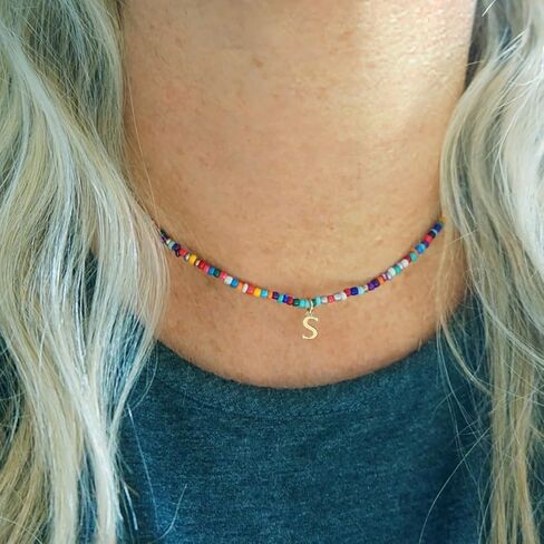 Colorful Beaded Initial Necklaces for Women Girls, 18K Gold Plated Letter Necklace Choker Bohemian Necklace Boho 3MM Beads Choker Dainty Necklace Personalized Gifts for Women Girls in Kuwait