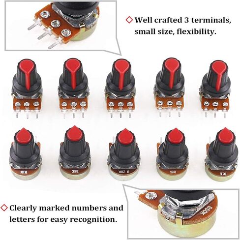 Hilitchi 10 Pcs B1K-B1M Ohm Potentiometer Knurled Shaft 3 Terminals Linear Taper Rotary Potentiometer w/Knob Nuts and Washers Audio B Type in Saudi Arabia
