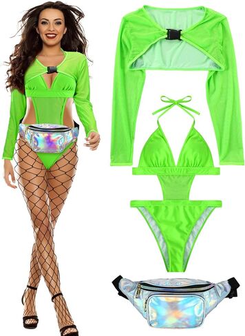 3 Pcs Rave Outfits for Women Set with 1 Pcs Festival Bodysuit Long Swimsuits 1 Pcs Holographic Fanny Pack 1 Pcs Fishnet Stockings Mesh Buckle Shrug Crop Top for Club Party in Saudi Arabia