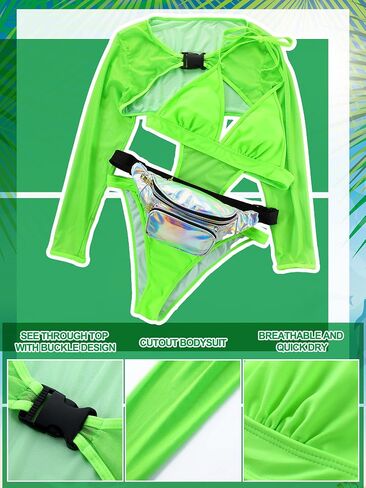 3 Pcs Rave Outfits for Women Set with 1 Pcs Festival Bodysuit Long Swimsuits 1 Pcs Holographic Fanny Pack 1 Pcs Fishnet Stockings Mesh Buckle Shrug Crop Top for Club Party in Saudi Arabia