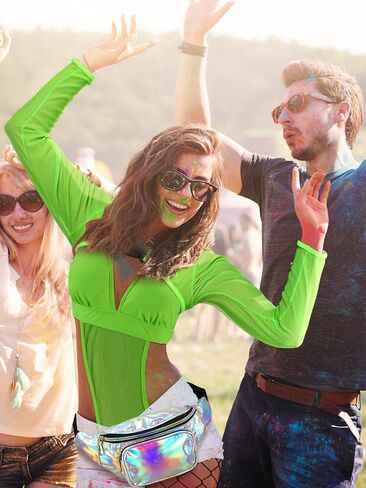 3 Pcs Rave Outfits for Women Set with 1 Pcs Festival Bodysuit Long Swimsuits 1 Pcs Holographic Fanny Pack 1 Pcs Fishnet Stockings Mesh Buckle Shrug Crop Top for Club Party in Saudi Arabia