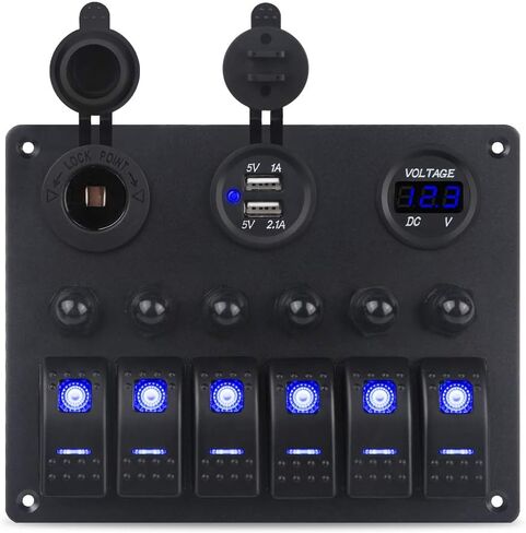 WATERWICH 6 Gang Waterproof Rocker Switch Panel Marine Boat Car ON-Off Switch with 12V 24V LED Voltmeter Dual USB Charger Cigarette Lighter Socket Circuit Breaker for RV Vehicle Truck in Saudi Arabia
