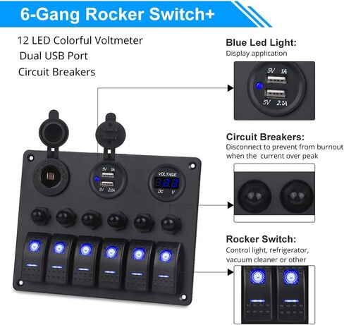 WATERWICH 6 Gang Waterproof Rocker Switch Panel Marine Boat Car ON-Off Switch with 12V 24V LED Voltmeter Dual USB Charger Cigarette Lighter Socket Circuit Breaker for RV Vehicle Truck in Saudi Arabia
