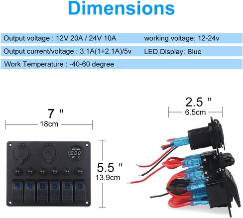 WATERWICH 6 Gang Waterproof Rocker Switch Panel Marine Boat Car ON-Off Switch with 12V 24V LED Voltmeter Dual USB Charger Cigarette Lighter Socket Circuit Breaker for RV Vehicle Truck in Saudi Arabia