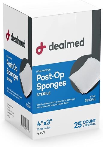 Dealmed Sterile Post-Op Gauze Sponges – 25 Count, 4-Ply, 4’’ x 3’’ Gauze Pads, Packages of Two, Individually Wrapped Non-Woven Gauze Sponges, Wound Care Product for First Aid Kit/Medical Facilities in Saudi Arabia